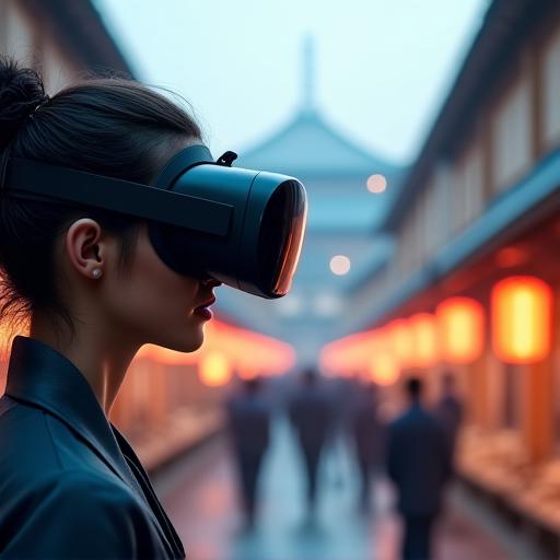 VRヘッドセットを装着した人が江戸時代の街並みを探索している様子