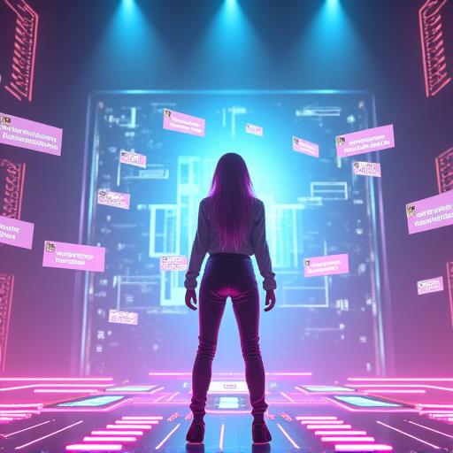 バーチャルアーティストがステージで歌い、視聴者のコメントがエフェクトとして現れるライブシーン