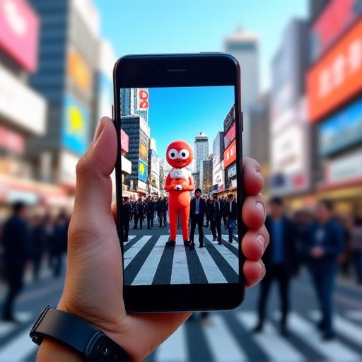 スマートフォンを渋谷の街にかざすと、ARのキャラクターが現れる様子